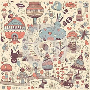 Cute hand drawn doodle seamless pattern with fantasy elements