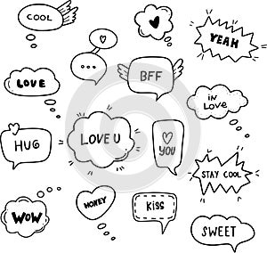 Cute hand drawn doodle vector set speech bubbles with dialog words love, kiss, hug, sweet, honey.