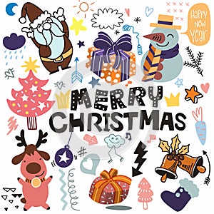 Cute hand drawn doodles ,Christmas doodle drawing collection.Hand drawn doodle illustrations in colorful cartoon style