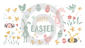 Cute hand drawn Easter elements, lovely bunnies, Easter eggs, flowers and chicken, great for decoration flyer, banners, wallpapers