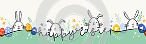 Cute hand drawn Easter horizontal banner with bunnies, flowers, easter eggs, beautiful background, great for Easter Cards, banner