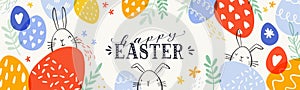 Cute hand drawn Easter horizontal banner with bunnies, flowers, easter eggs, beautiful background, great for Easter Cards, banner