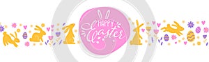 Cute hand drawn Easter horizontal design with bunnies, flowers, easter eggs, beautiful background, great for Easter Cards, banner