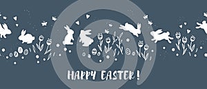 Cute hand drawn Easter horizontal seamless pattern with bunnies, flowers, easter eggs, beautiful background, great for Easter