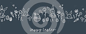 Cute hand drawn Easter horizontal seamless pattern with bunnies, flowers, easter eggs, beautiful background, great for Easter