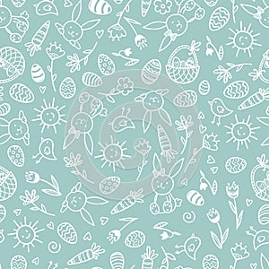 Cute hand drawn Easter horizontal seamless pattern with bunnies, flowers, easter eggs, beautiful background, great for Easter