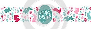 Cute hand drawn Easter horizontal seamless pattern with bunnies, flowers, easter eggs, beautiful background, great for Easter