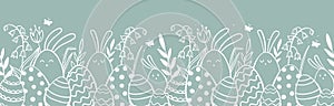 Cute hand drawn Easter horizontal seamless pattern with bunnies, flowers, easter eggs, beautiful background, great for Easter