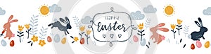 Cute hand drawn Easter horizontal seamless pattern with bunnies, flowers, easter eggs, beautiful background, great for Easter