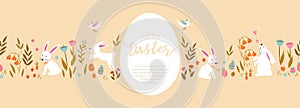 Cute hand drawn Easter horizontal seamless pattern with bunnies, flowers, easter eggs, beautiful background, great for Easter