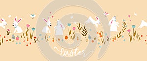 Cute hand drawn Easter horizontal seamless pattern with bunnies, flowers, easter eggs, beautiful background, great for Easter