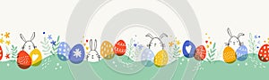 Cute hand drawn Easter horizontal seamless pattern with bunnies, flowers, easter eggs, beautiful background, great for Easter