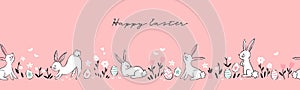 Cute hand drawn Easter horizontal seamless pattern with bunnies, flowers, easter eggs, beautiful background, great for Easter