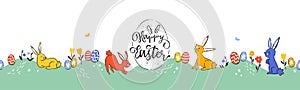 Cute hand drawn Easter horizontal seamless pattern with bunnies, flowers, easter eggs, beautiful background, great for Easter