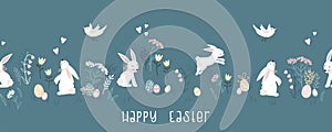 Cute hand drawn Easter seamless pattern with lovely bunnies and decoration, great for textiles, banners, wallpaper, wrapping -