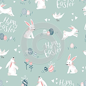 Cute hand drawn Easter seamless pattern with lovely bunnies and decoration, great for textiles, banners, wallpaper, wrapping -