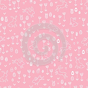 Cute hand drawn Easter seamless pattern, lovely bunnies, great for textiles, banners, wallpapers, wrapping - vector design