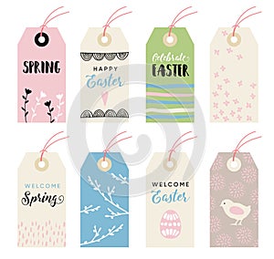 Cute hand drawn easter set of gift tags and labels with egg, chicken and flowers, isolated vector objects.