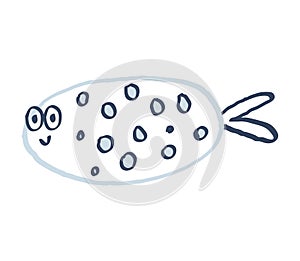 Cute hand drawn fish. Blue outline and dark blue dots.