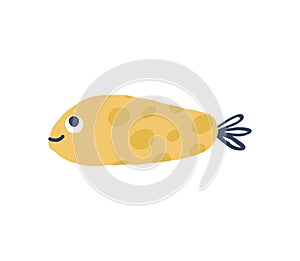 Cute hand drawn fish. yellow simple animal with big eyes and dots.