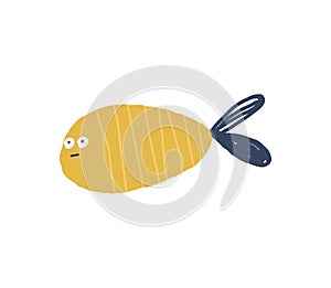 Cute hand drawn fish. yellow simple animal with big eyes and stripes.