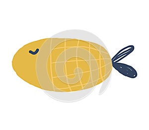Cute hand drawn fish. yellow simple animal with big eyes and stripes.