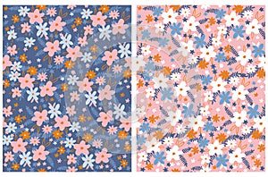 Cute Hand Drawn Floral Vector Patterns. Pastel Pink and White Flowers on a Blue and Pink Background.