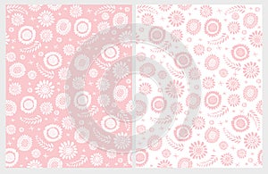 Cute Hand Drawn Floral Vector Patterns. White and Pink Design. Delicate Pastel Illustation.