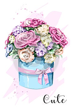 Cute hand drawn flower box. Beautiful flower bouquet with stylish box. Sketch.