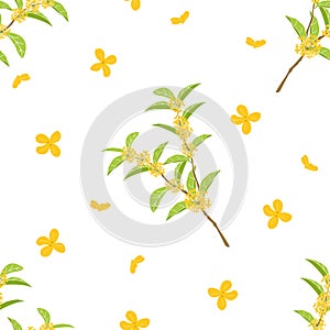 Cute hand drawn flowering tree background. Cartoon fragrant tea olive tree pattern background. photo