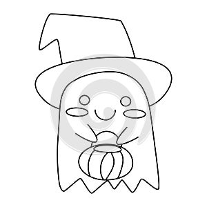 Cute hand-drawn guising little ghost coloring page vector illustration. Funny Halloween cartoon character with witch hat