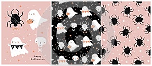 Cute Hand Drawn Halloween Card and Seamless Patterns with Ghots, Pumpkins and Spider.