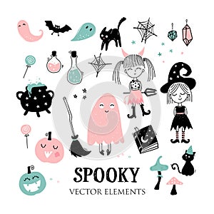 Cute hand drawn Halloween design, spooky characters and decoration, vector elements