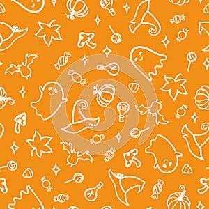 Cute hand drawn Halloween seamless pattern, colorful doodle background, great for Halloween banners, wallpapers, textiles,