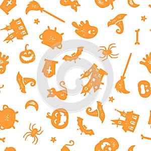 Cute hand drawn Halloween seamless pattern, colorful doodle background, great for Halloween banners, wallpapers, textiles,