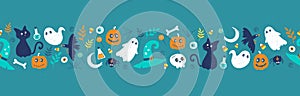 Cute hand drawn Halloween seamless pattern, colorful doodle background, great for Halloween banners, wallpapers, textiles,