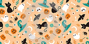 Cute hand drawn Halloween seamless pattern, colorful doodle background, great for Halloween banners, wallpapers, textiles,