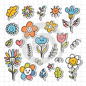 Cute hand drawn happy flowers. Doodle. Funny faces. Floral design elements. Outline. Stickers