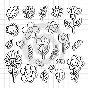 Cute hand drawn happy flowers. Doodle. Funny faces. Floral design elements. Outline. Stickers