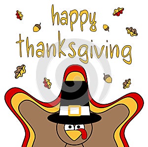 Cute hand drawn Happy Thanksgiving lettering greeting card with cartoon turkey and autumn leaves