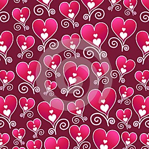 Cute hand drawn hearts seamless pattern on magenta background