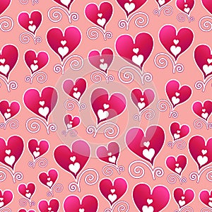Cute hand drawn hearts seamless pattern on peach pink background