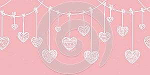 Cute hand drawn horizontal seamless doodle hearts garland, hanging hearts, great for Valentines or Mother`s Day designs, banners,