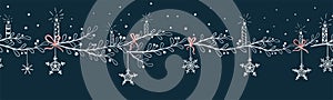 Cute hand drawn horizontal seamless pattern with candles, branches and christmas decoration - x mas background, great for textiles