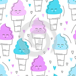 Cute hand drawn ice cream seamless pattern. Sweet food vector background. Delicious summer design. Wrapping, print