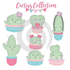 Cute Hand drawn Kawaii Cactus. Collection of Doodle Illustration in vector for cards, mugs, baby shower, birthdays Invitations.