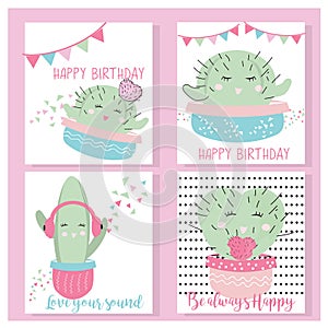 Cute Hand drawn Kawaii Cactus. Collection of Doodle Illustration in vector for cards, mugs, baby shower, birthdays Invitations.