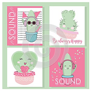 Cute Hand drawn Kawaii Cactus. Collection of Doodle Illustration in vector for cards, mugs, baby shower, birthdays Invitations.