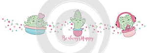 Cute Hand drawn Kawaii Cactus. Collection of Doodle Illustration in vector for cards, mugs, baby shower, birthdays Invitations.