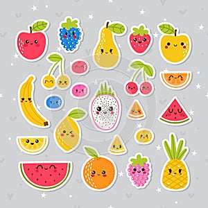 Cute hand drawn kawaii tropical smiling fruit stickers. Healthy lifestyle collection. Set of cartoon characters